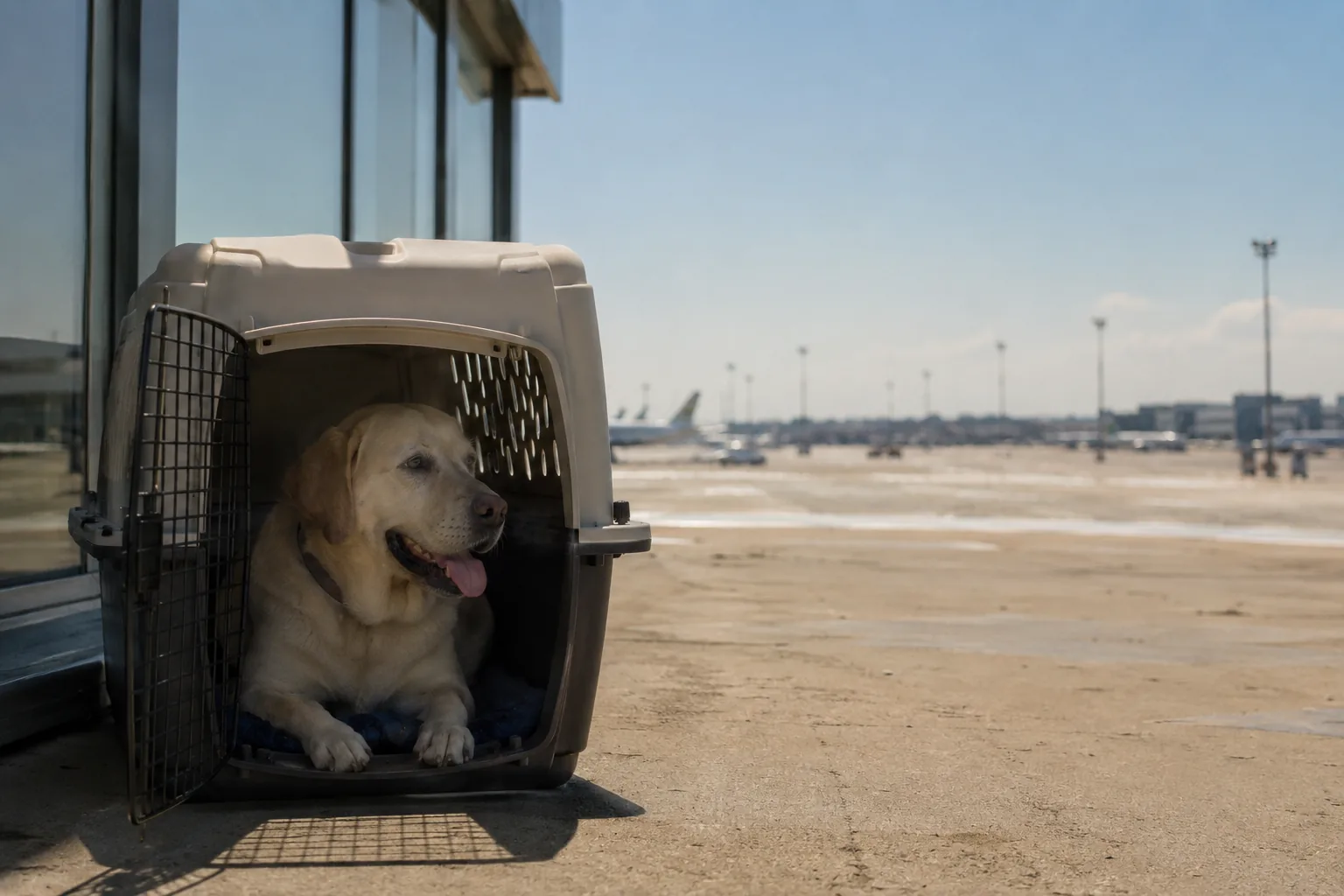 Labrador retriever waiting in an IATA travel crate on a hot airport tarmac during a summer pet cargo heat embargo